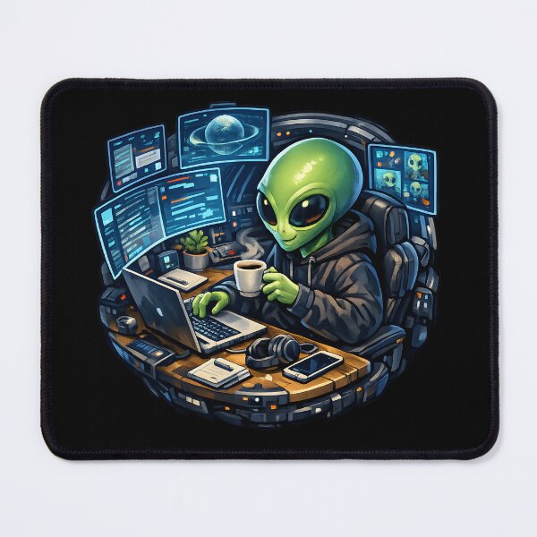 Item preview, Alien Working From Home in Spaceship – Futuristic Remote Office Illustration designed and sold by builtforyou.