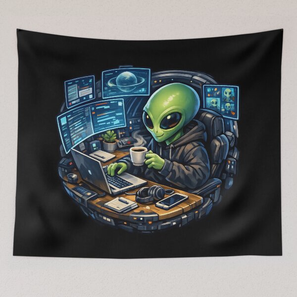 Item preview, Alien Working From Home in Spaceship – Futuristic Remote Office Illustration designed and sold by builtforyou.