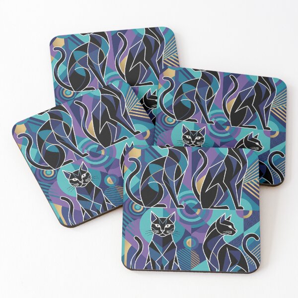 Item preview, Midnight Cubist Cats Geometric Art Deco Cat Illustration designed and sold by Mahilis.