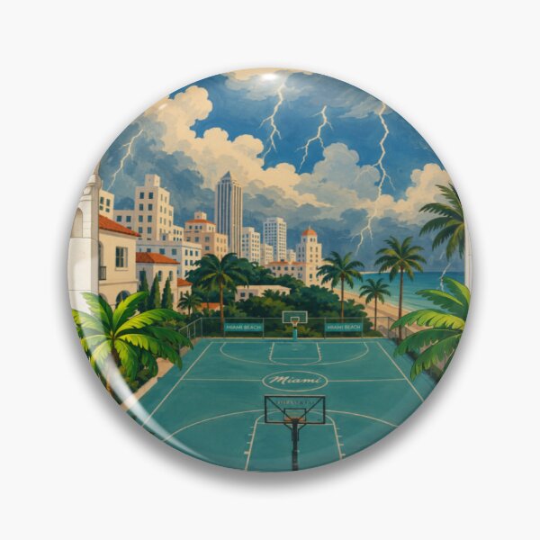 Item preview, Miami Beach Storm Basketball Court Vintage Travel Poster | Tropical Coastal Illustration designed and sold by RAYapparel.