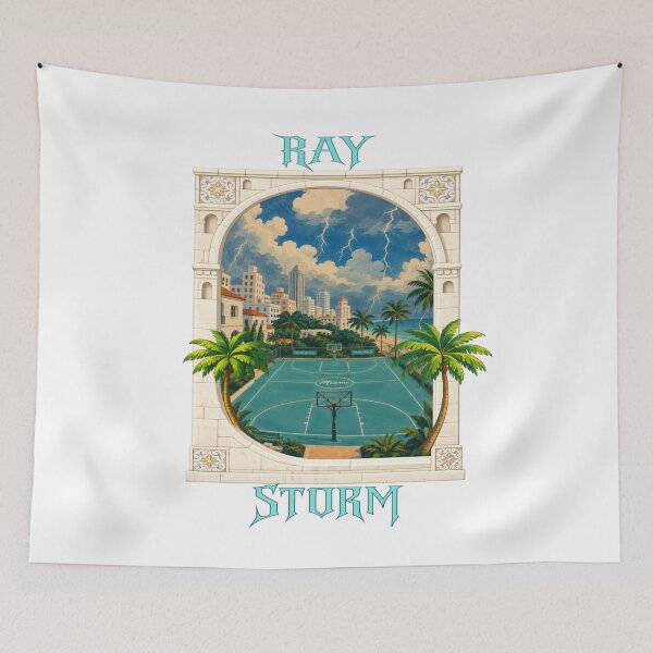 Item preview, Miami Beach Storm Basketball Court Vintage Travel Poster | Tropical Coastal Illustration designed and sold by RAYapparel.