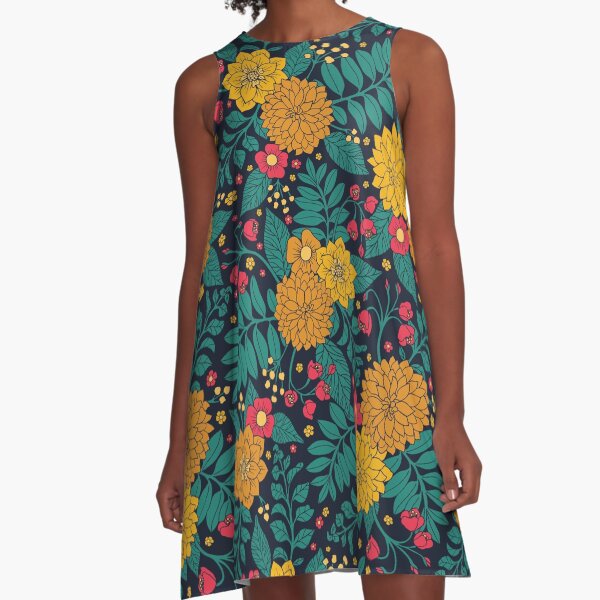 Item preview, Teal, Yellow & Coral Floral Pattern with Leaves and Flowers designed and sold by somecallmebeth.