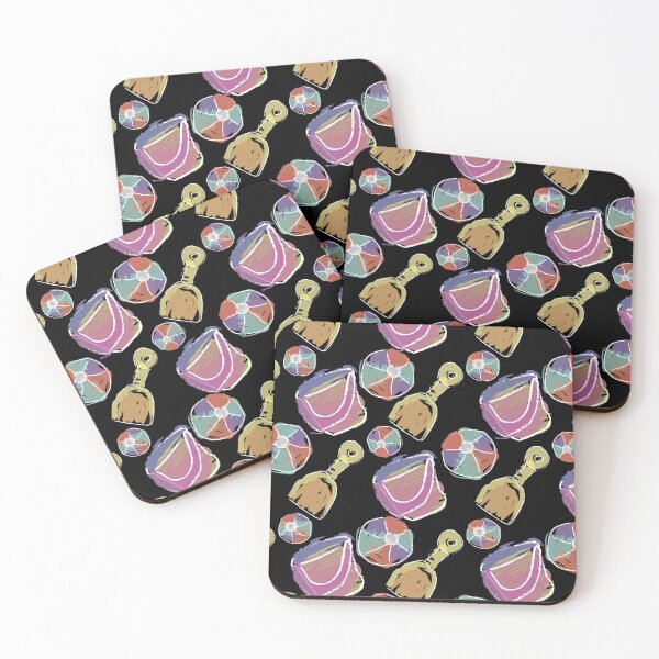 Item preview, Watercolor Shovel & Bucket Diagonals with Beach Balls on Black designed and sold by Digitalmyth's Designs.