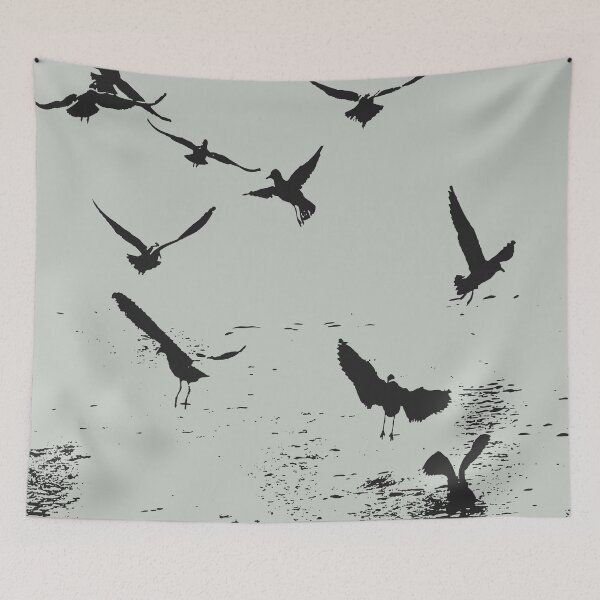 Item preview, Silhouette Of A Flock Of Seagulls Scavenging Black designed and sold by taiche.