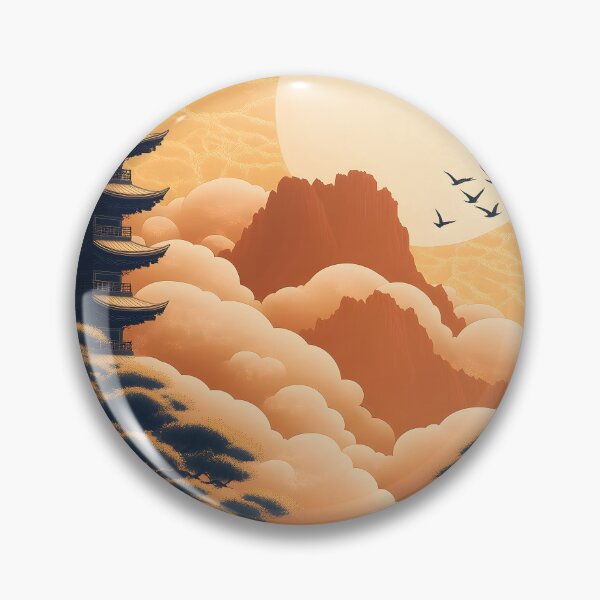 Item preview, Japanese Pagoda Golden Sun Orange Cloud Mountain Dreamscape designed and sold by mildaclairmo.