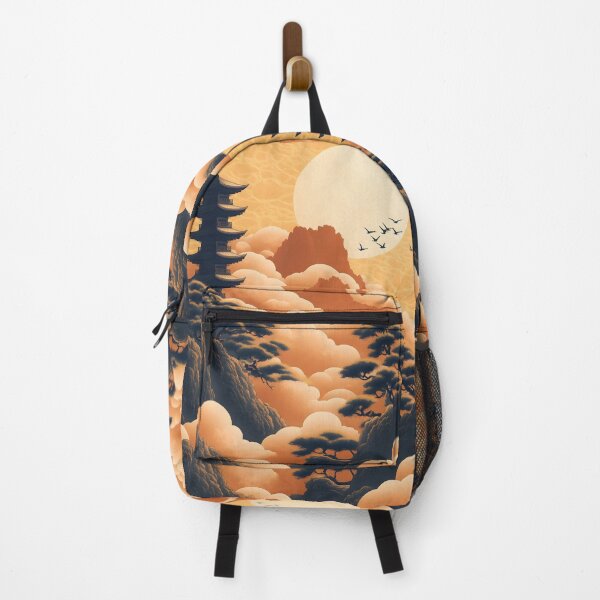 Item preview, Japanese Pagoda Golden Sun Orange Cloud Mountain Dreamscape designed and sold by mildaclairmo.