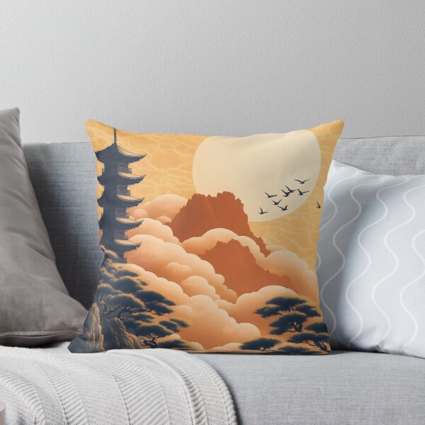 Item preview, Japanese Pagoda Golden Sun Orange Cloud Mountain Dreamscape designed and sold by mildaclairmo.