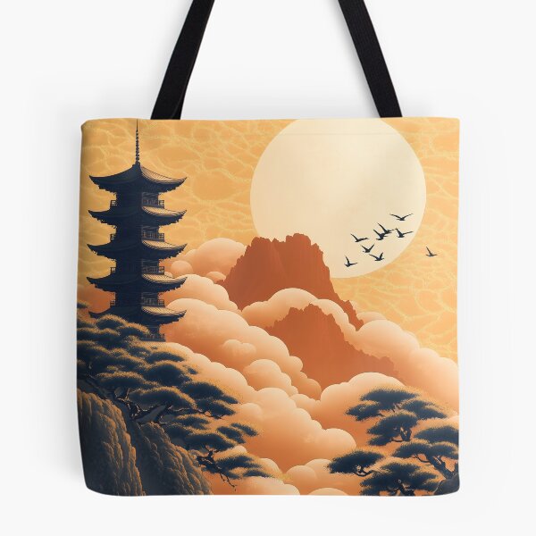 Item preview, Japanese Pagoda Golden Sun Orange Cloud Mountain Dreamscape designed and sold by mildaclairmo.
