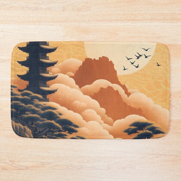 Item preview, Japanese Pagoda Golden Sun Orange Cloud Mountain Dreamscape designed and sold by mildaclairmo.