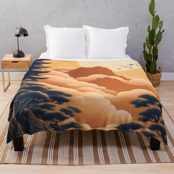 Item preview, Japanese Pagoda Golden Sun Orange Cloud Mountain Dreamscape designed and sold by mildaclairmo.