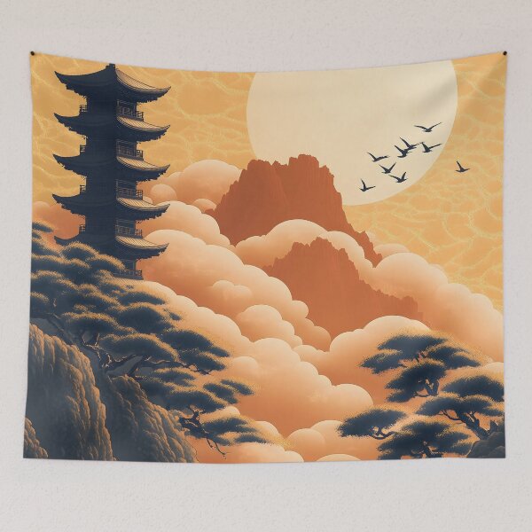 Item preview, Japanese Pagoda Golden Sun Orange Cloud Mountain Dreamscape designed and sold by mildaclairmo.