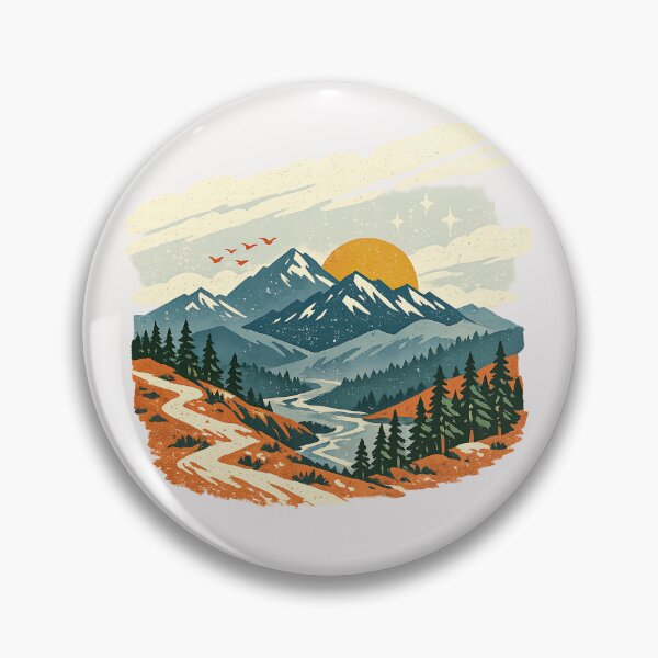 Item preview, Retro Mountain Sunset Landscape with Winding Forest Trail designed and sold by inkoutninja.
