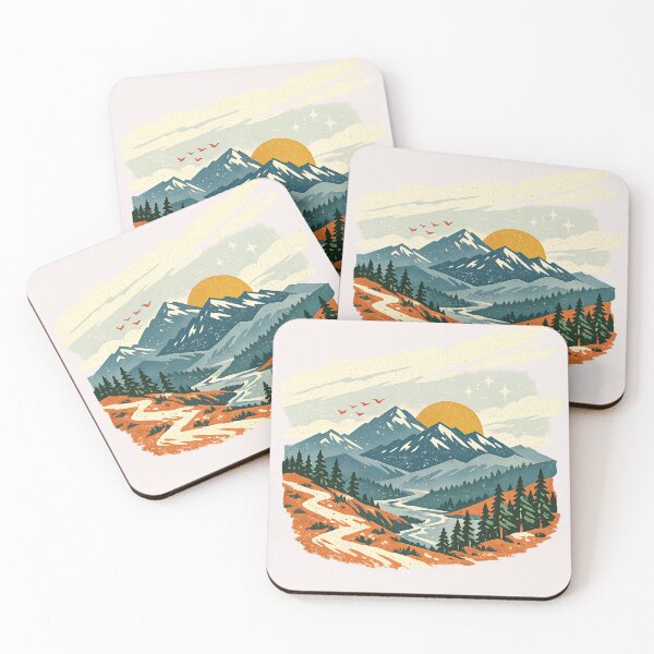 Item preview, Retro Mountain Sunset Landscape with Winding Forest Trail designed and sold by inkoutninja.