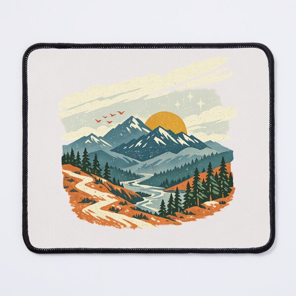 Item preview, Retro Mountain Sunset Landscape with Winding Forest Trail designed and sold by inkoutninja.