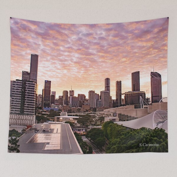 Item preview, Brisbane City Skyline Golden Sunset Cityscape Art designed and sold by AuraInkSC.
