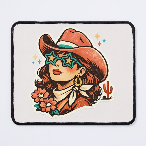 Item preview, Retro Western Cowgirl with Star Sunglasses and Cowboy Hat designed and sold by inkoutninja.