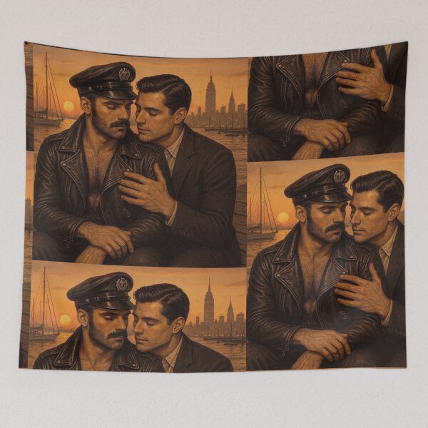 Item preview, Vintage 1940s Gay Leather Love At Sunset Hudson Pier Tom of Finland Tribute NYC Pride Graphic Design designed and sold by ItsAKinkThing.