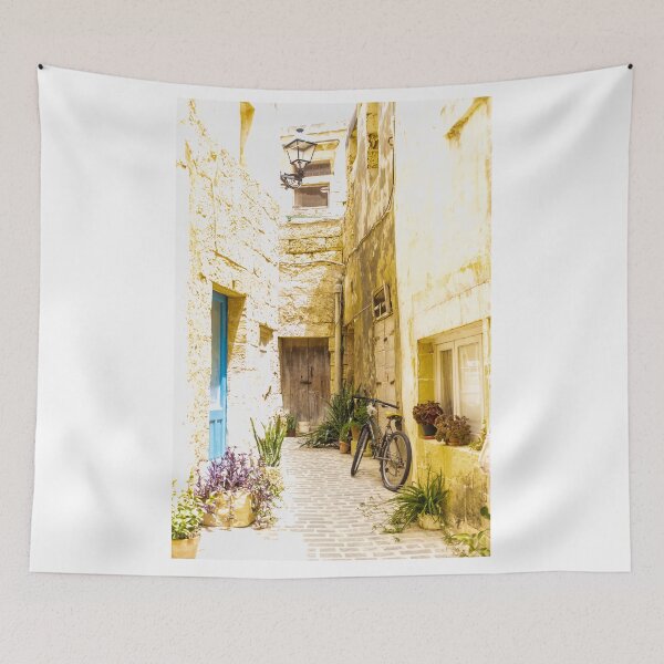 Item preview, Sunny Mediterranean Alley With Bicycle, Stone Buildings, Blue Door and Potted Plants designed and sold by Nmallia.