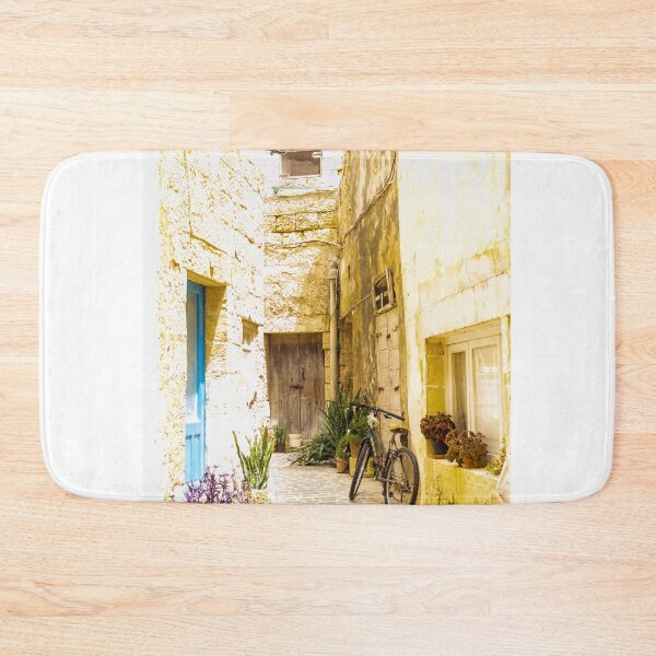 Item preview, Sunny Mediterranean Alley With Bicycle, Stone Buildings, Blue Door and Potted Plants designed and sold by Nmallia.