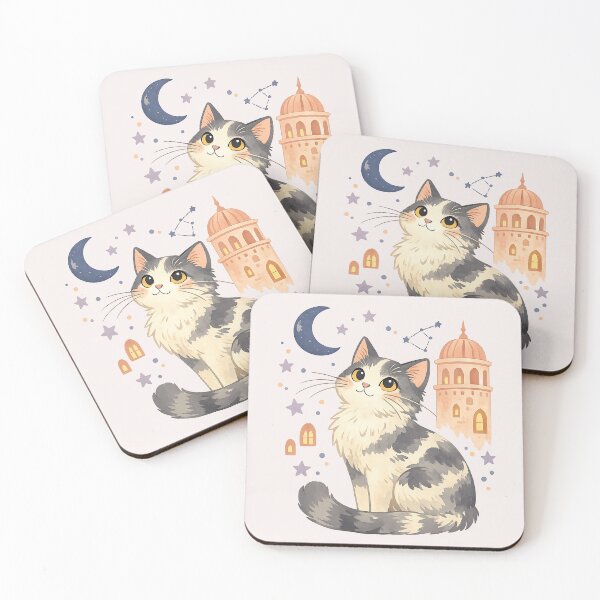 Item preview, Celestial Cat Under the Moon Whimsical Tower Illustration designed and sold by inkoutninja.