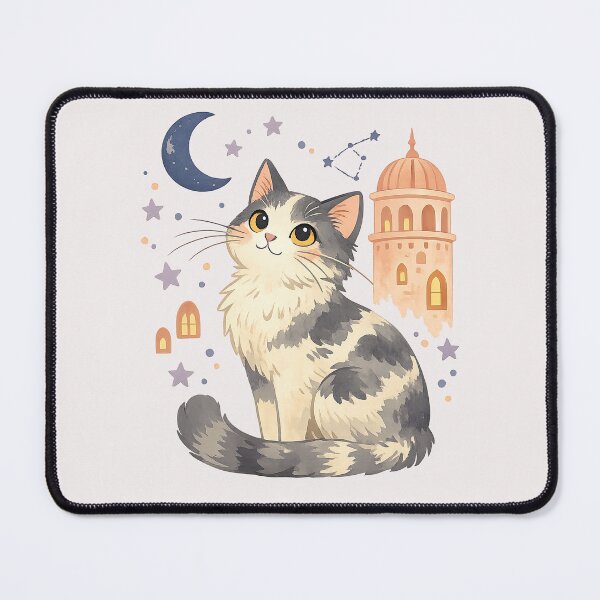 Item preview, Celestial Cat Under the Moon Whimsical Tower Illustration designed and sold by inkoutninja.