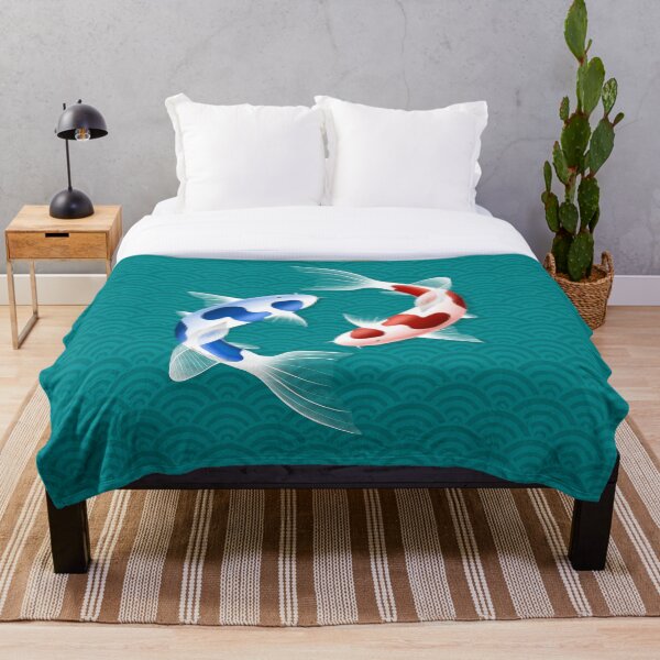 Item preview, Red and Blue Koi Fish Pair – Teal Wave Pattern Art designed and sold by Dandihara.