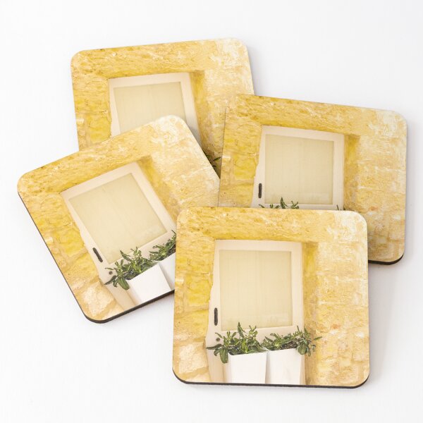 Item preview, White Door With Potted Plants Against Rustic Yellow Stone Wall In Sunny Mediterranean Alley designed and sold by Nmallia.