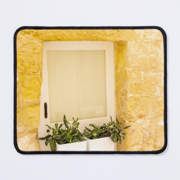 Item preview, White Door With Potted Plants Against Rustic Yellow Stone Wall In Sunny Mediterranean Alley designed and sold by Nmallia.