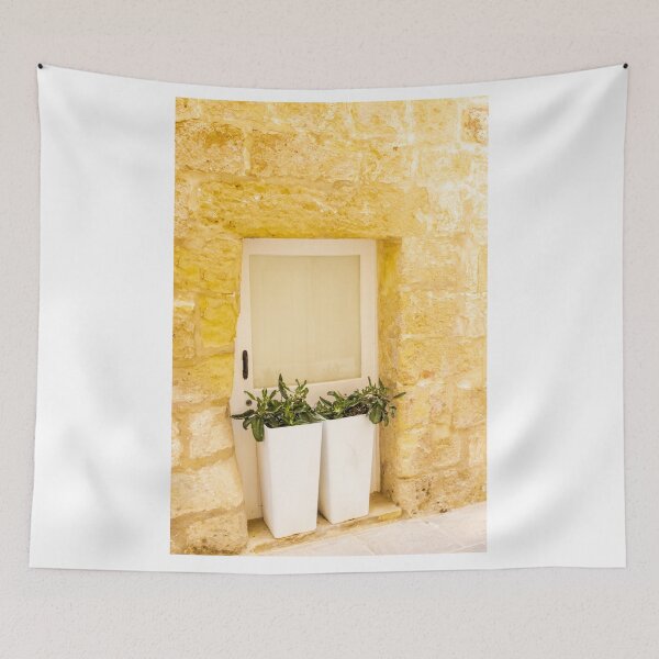 Item preview, White Door With Potted Plants Against Rustic Yellow Stone Wall In Sunny Mediterranean Alley designed and sold by Nmallia.