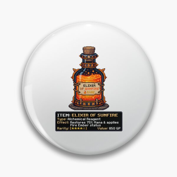 Item preview, Elixir Of Sunfire Gaming Potion in Pixel Art Style with Magic Potion Stats designed and sold by SplashTastic.