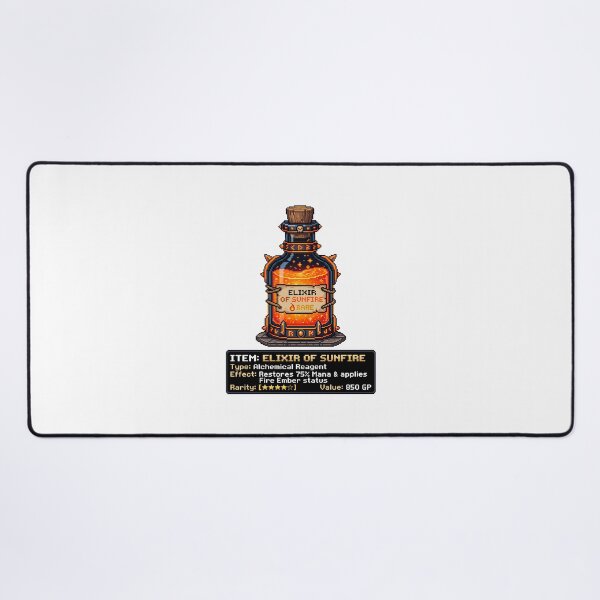 Item preview, Elixir Of Sunfire Gaming Potion in Pixel Art Style with Magic Potion Stats designed and sold by SplashTastic.