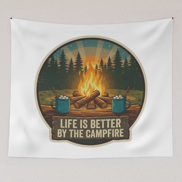 Artikelvorschau, Das Leben ist schöner am Lagerfeuer – Vintage-Campingbecher mit Lagerfeuer-Illustration entworfen und verkauft von GabeMountainArt.