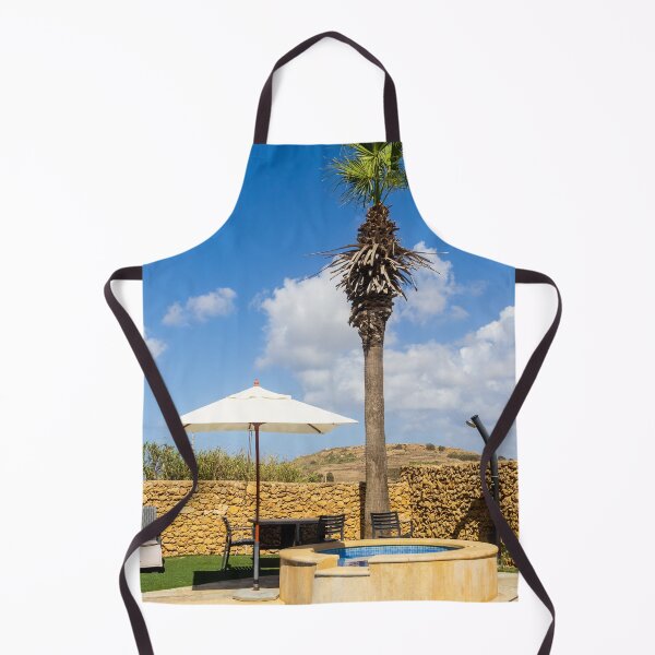 Item preview, Sunny Resort Pool With Palm Tree, Umbrella and Lounge Chairs Overlooking Stone Wall and Blue Sky designed and sold by Nmallia.