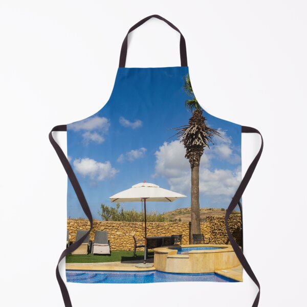 Item preview, Sunny Resort Pool With Palm Tree, Umbrella and Lounge Chairs Overlooking Stone Wall and Blue Sky designed and sold by Nmallia.