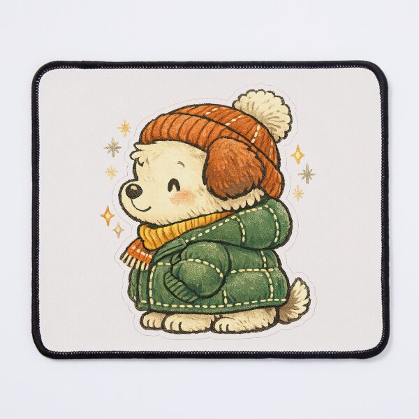 Item preview, Cute Winter Puppy in Beanie and Green Puffer Jacket designed and sold by inkoutninja.