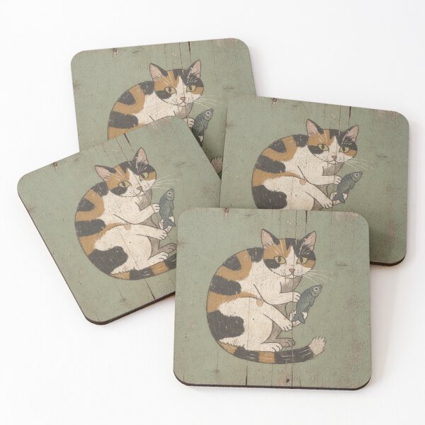 Item preview, Calico Cat Guarding One Tiny Fish Folk Art designed and sold by PictorialWhimsy.
