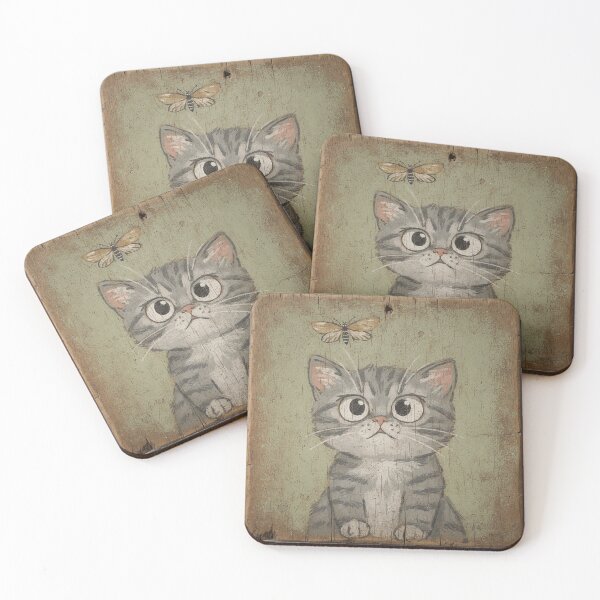 Item preview, Wide-Eyed Kitten Startled by a Moth Folk Art designed and sold by PictorialWhimsy.