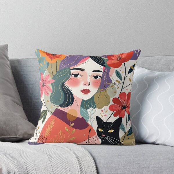 Item preview, Beautiful Woman with Black Cat Among Wildflowers | Botanical Floral Wall Art designed and sold by QQQueen.
