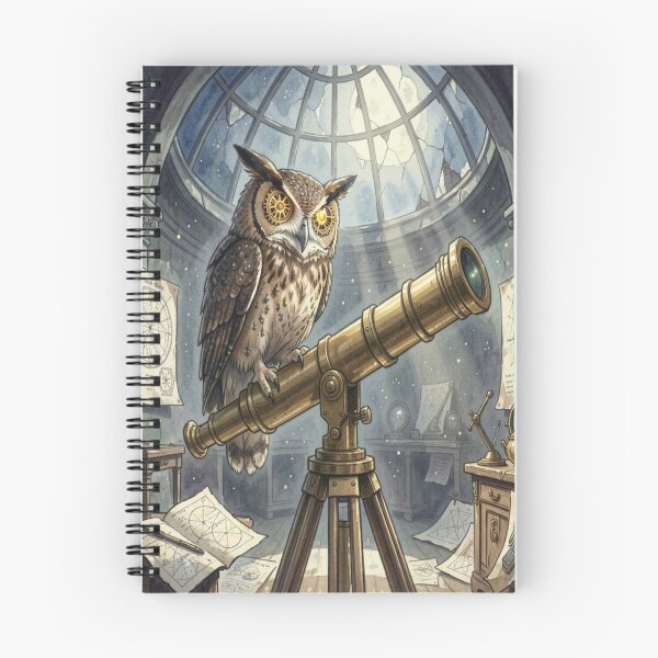 Item preview, Steampunk Owl in Moonlit Observatory – Brass Telescope & Cosmic Night designed and sold by FotoworldEdel.