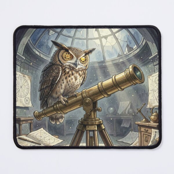 Item preview, Steampunk Owl in Moonlit Observatory – Brass Telescope & Cosmic Night designed and sold by FotoworldEdel.