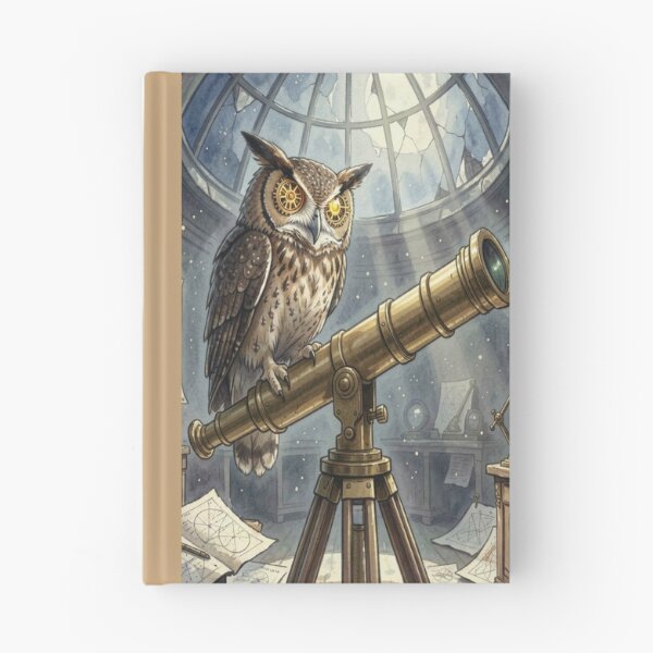 Item preview, Steampunk Owl in Moonlit Observatory – Brass Telescope & Cosmic Night designed and sold by FotoworldEdel.