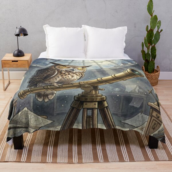 Item preview, Steampunk Owl in Moonlit Observatory – Brass Telescope & Cosmic Night designed and sold by FotoworldEdel.