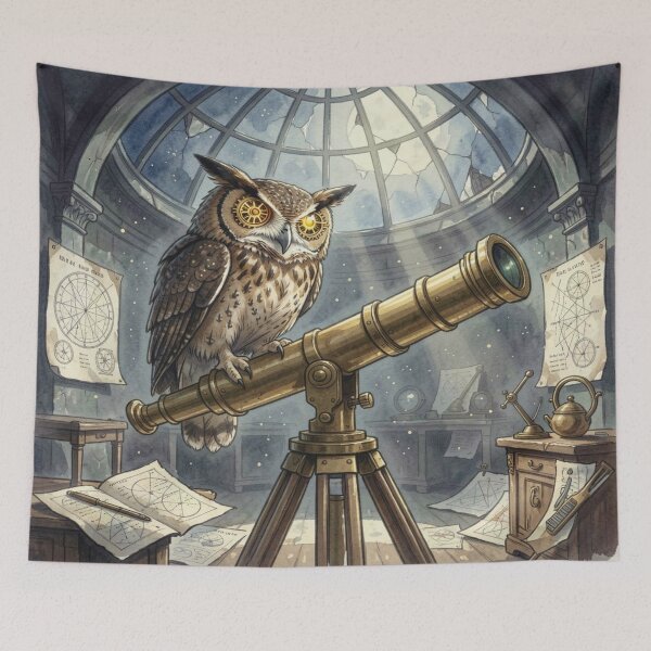Item preview, Steampunk Owl in Moonlit Observatory – Brass Telescope & Cosmic Night designed and sold by FotoworldEdel.