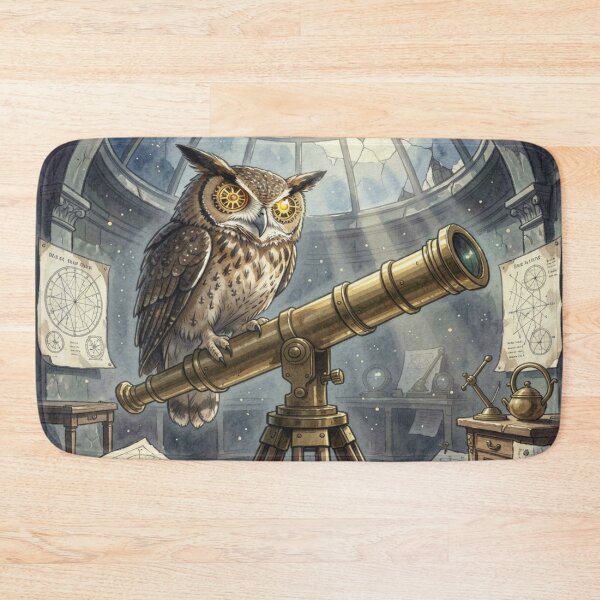 Item preview, Steampunk Owl in Moonlit Observatory – Brass Telescope & Cosmic Night designed and sold by FotoworldEdel.