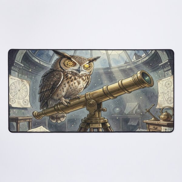 Item preview, Steampunk Owl in Moonlit Observatory – Brass Telescope & Cosmic Night designed and sold by FotoworldEdel.