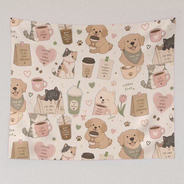 Item preview, Pastel Coffee Lover Cat & Dog Aesthetic | Cozy Gen Z Cute Animal Design designed and sold by flowerpower999.