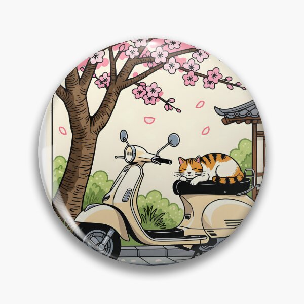 Item preview, A woodcut print style of a cat napping on a vintage scooter parked beside a blooming cherry blossom tree. designed and sold by Ponted.