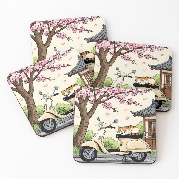 Item preview, A woodcut print style of a cat napping on a vintage scooter parked beside a blooming cherry blossom tree. designed and sold by Ponted.