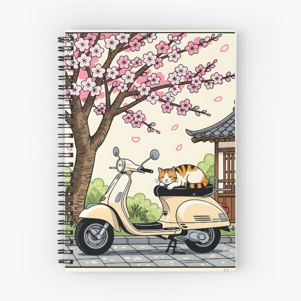Item preview, A woodcut print style of a cat napping on a vintage scooter parked beside a blooming cherry blossom tree. designed and sold by Ponted.