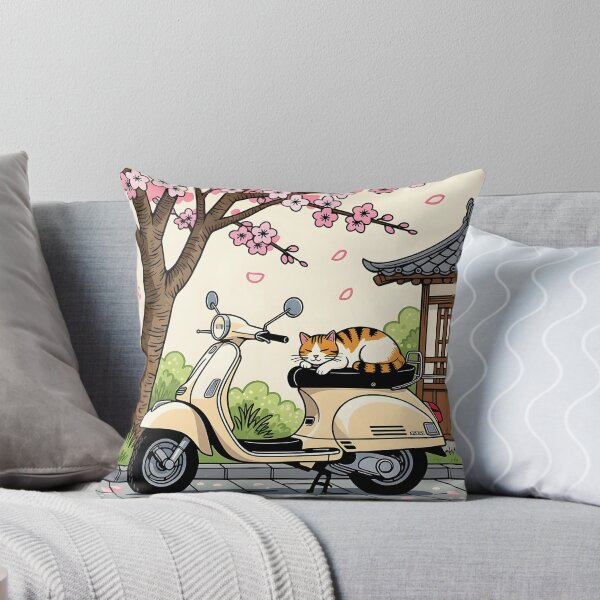 Item preview, A woodcut print style of a cat napping on a vintage scooter parked beside a blooming cherry blossom tree. designed and sold by Ponted.